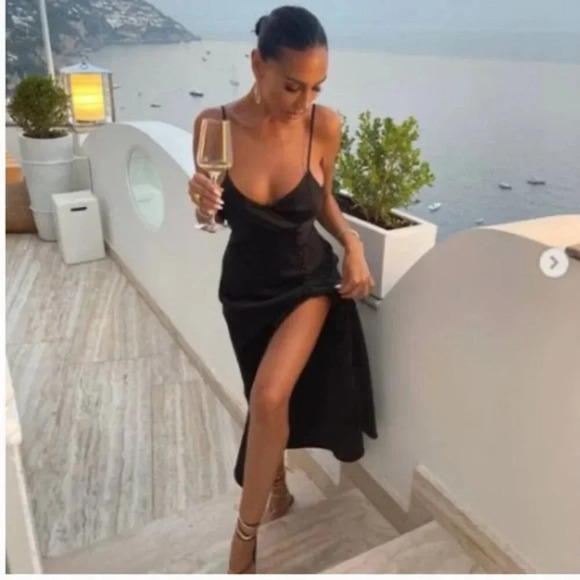 Zara Silky Satin Effect Surplus Midi Dress Black Blogger Fav Sz Small - Picture 2 of 10